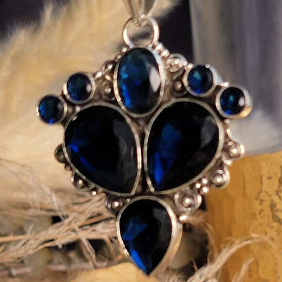Deep Blue Sapphire and Sterling Silver Cross Pendant – Regal Elegance - Picture 3 of 10